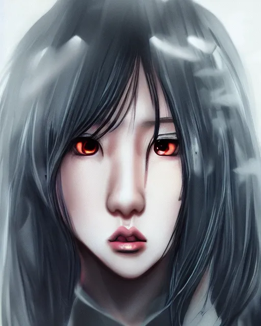 Prompt: official hd photo portrait of kpop idol girl closeup tired and angry by squareenix trending on artstation skeb pixiv cinematic backlit smoke noir technoir detailed