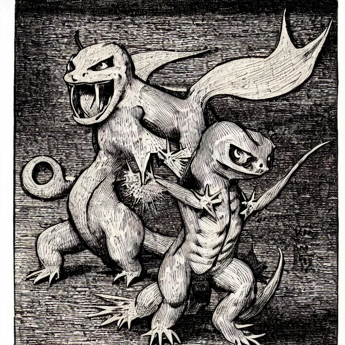 Image similar to charmander, as a demon from the dictionarre infernal, pen - and - ink illustration, etching by louis le breton, 1 8 6 9, 1 2 0 0 dpi scan, ultrasharp detail, hq scan, intricate details, stylized border