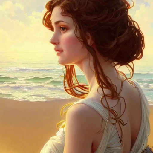 Image similar to A beautiful woman wearing a sundress on the beach, D&D, fantasy, intricate, elegant, highly detailed, digital painting, artstation, concept art, matte, sharp focus, illustration, art by Artgerm and Greg Rutkowski and Alphonse Mucha