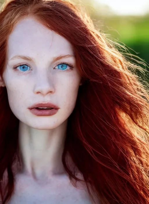 Image similar to close up portrait photograph of a thin young redhead woman with russian descent, sunbathed skin, with deep blue eyes. Wavy long maroon colored hair. she looks directly at the camera. Slightly open mouth, face takes up half of the photo. a park visible in the background. 55mm nikon. Intricate. Very detailed 8k texture. Sharp. Cinematic post-processing. Award winning portrait photography. Sharp eyes.