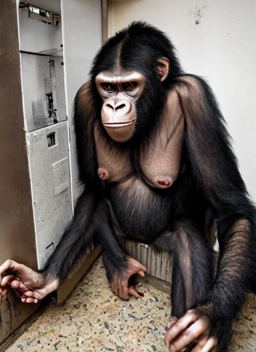 Image similar to scary hybrid human - ape, half human half ape inside fuse box in post communist apartment building