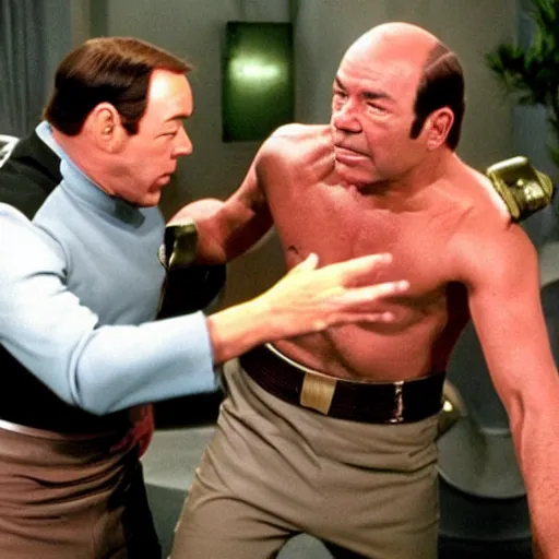 Image similar to kevin spacey fighting gorn from star trek