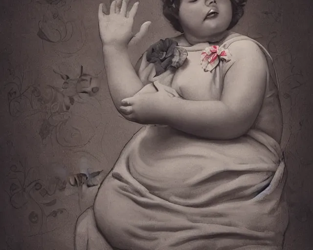 Image similar to very stylized old photo portrait of a fat sweet little girl sculpting a house on the wall, full body. long shot. beautiful hands, flowery cloth. subsurface scattering shiny skin. beautiful lighting, 4 k post - processing, trending in art station, cg society, highly detailed, 5 k extremely detailed, 3 d. cinematic scene. sharp details. bokeh