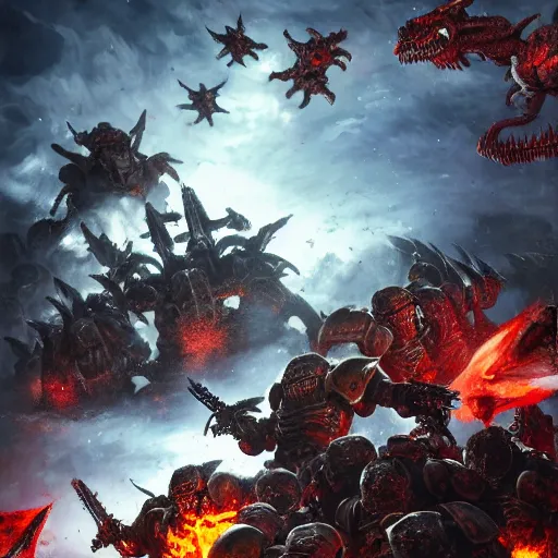 Image similar to space marines fighting off a horde of tyranids, 4k digital art, Doom, hyper realistic, HD, Warhammer40k