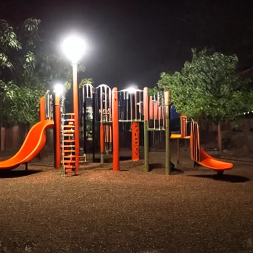 Prompt: a playground at night with only one orange light, creepy, found footage