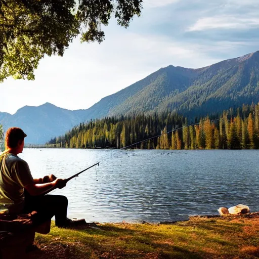 Image similar to A stunning landscape with mountains, lake and a tiny wooden house at the edge of the forest. A man is sitting at the lake holding a fishing rod