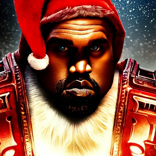 Prompt: Kanye West as santaclaus in 'Gears of War', splash art, movie still, cinematic lighting, detailed face, dramatic, octane render, long lens, shallow depth of field, bokeh, anamorphic lens flare, 8k, hyper detailed, 35mm film grain