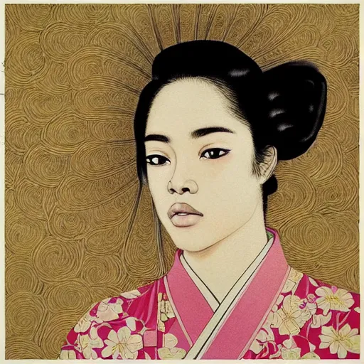 Prompt: “ tessa thompson portrait by ikenaga yasunari and ayana otake and ko rakusui, 6 0 s poster, drawing, realistic, sharp focus, japanese, dreamy, nostalgia, faded, golden hues, floral clothes, porcelain skin ”