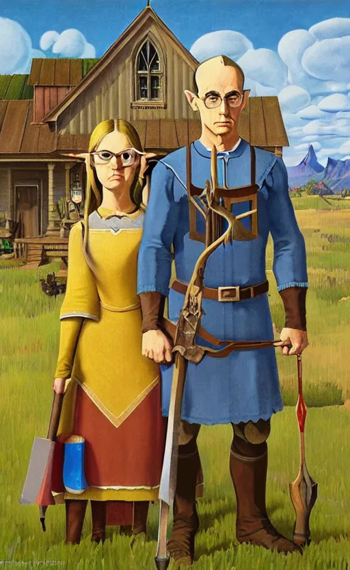 Prompt: american gothic by grant wood in the style of Legend of Zelda: Breath of the wild