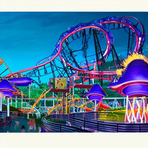 Image similar to view of modern futuristic amusement park, roller coaster, water park, detailed luminescent oil painting 4 k