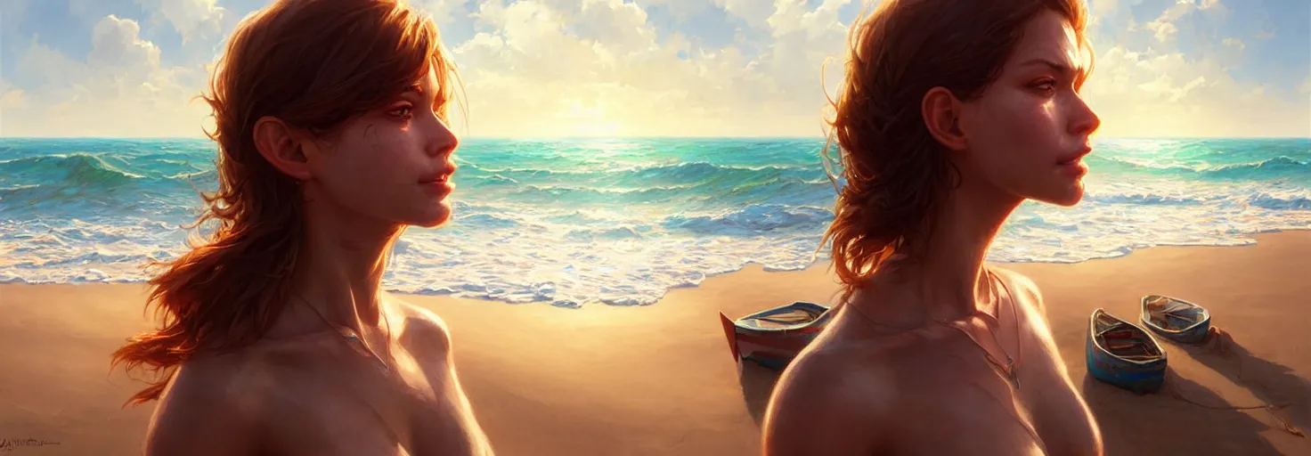 Image similar to bright sunny day on a beach, boats washed ashore, soft warm lighting, highly detailed, digital painting, trending on artstation, sharp focus, illustration, art by artgerm and greg rutkowski and magali villeneuve