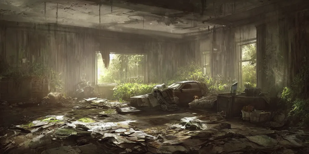 Prompt: an environmental concept art of the last of us, interior, clicker, highly detailed, environmental light, cinematic by francis tneh