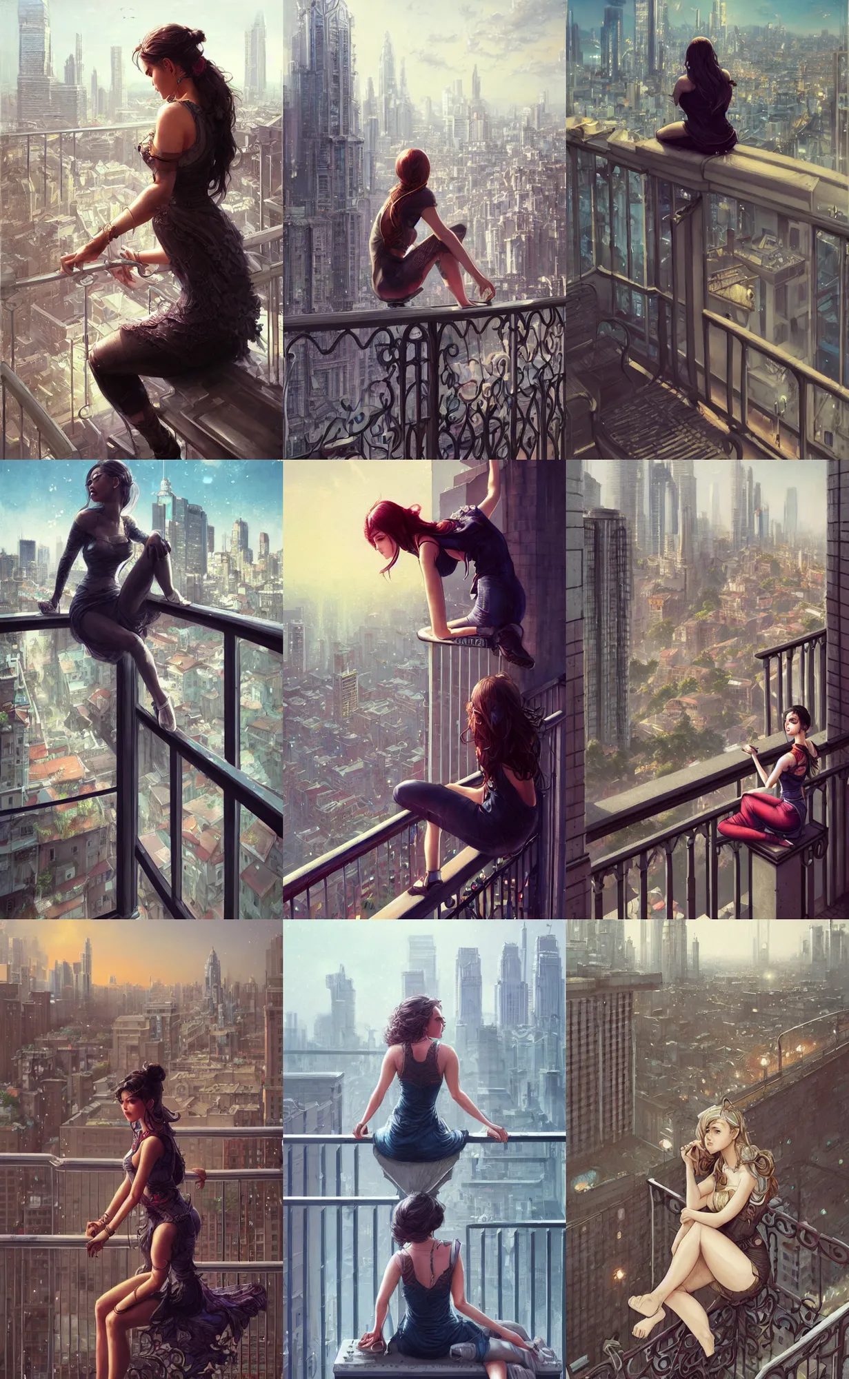 Prompt: full body shot of a woman sitting on balcony railing, city in background, digital painting, intricately detailed, highly detailed, artwork by greg rutkowski, artwork by ross tran, artwork by randy vargas, artwork by artgerm, artwork by alex garner, trending on artstation