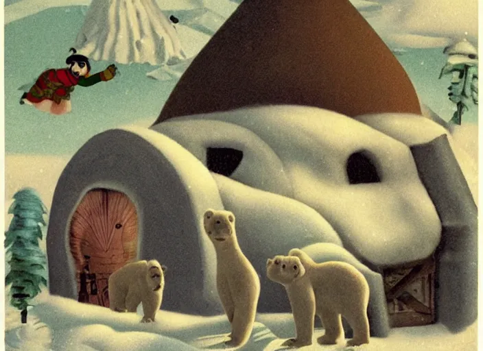 Image similar to an igloo with a chimney, walrus, polar bear, sleigh dogs, fish, giraffe, lowbrow in the style of mark ryden and john bauer,