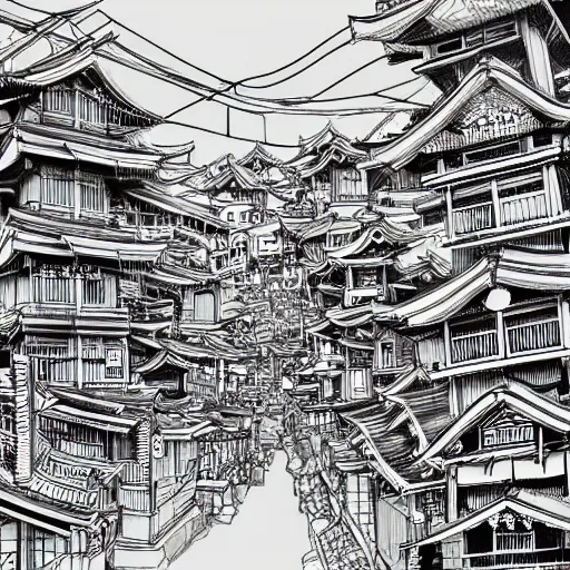 Image similar to highly detailed sketch of a distorted japanese neighborhood in the style of kim jung gi