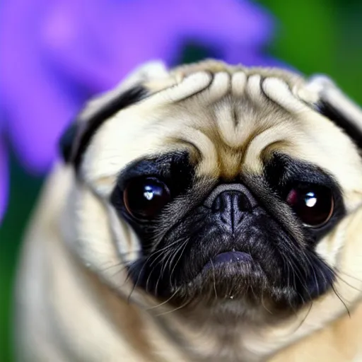 Image similar to bumblebee pug, soft and fluffy, macro photography, high resolution photo