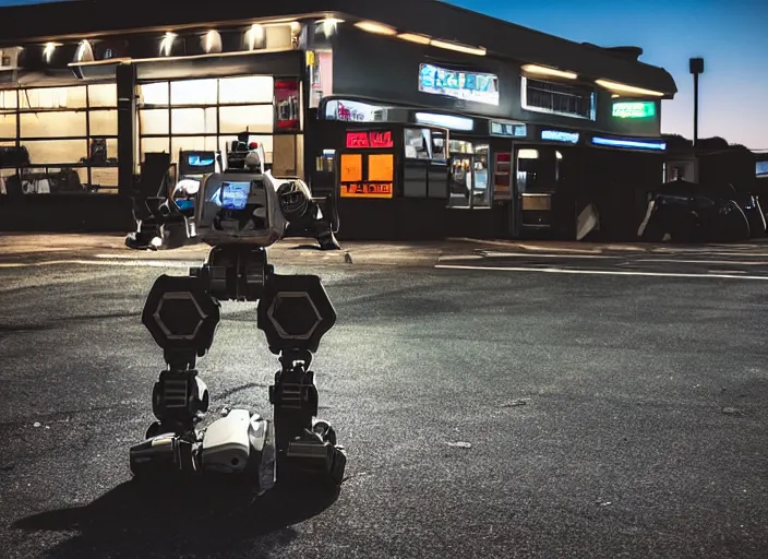 Image similar to a broken down battle robot in the parking lot of a convenience store at dusk