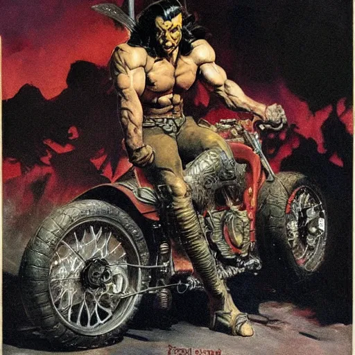 Image similar to into glory ride, artwork by Frank Frazetta, motorcycle, muscular man riding into battle holding sword