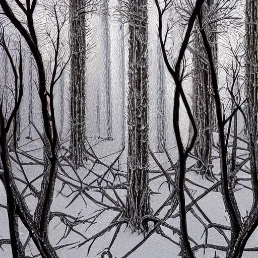 Image similar to Sharp icy frozen forest. Highly Detailed. Masterpiece. By Jeffrey Smith