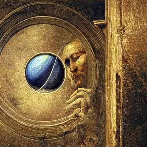 Image similar to golden ratio, photo - realism, space astronaut opening door that shows space and time created by leonardo davinci with extra detail, epic.