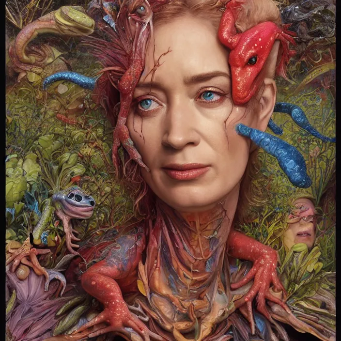 Image similar to a portrait photograph of emily blunt as a brightly colored amphibian hybrid with wet mutated skin. wearing a cactsuit many body modifications. by tom bagshaw, donato giancola, hans holbein, walton ford, gaston bussiere, brian froud, peter mohrbacher and magali villeneuve. 8 k, cgsociety