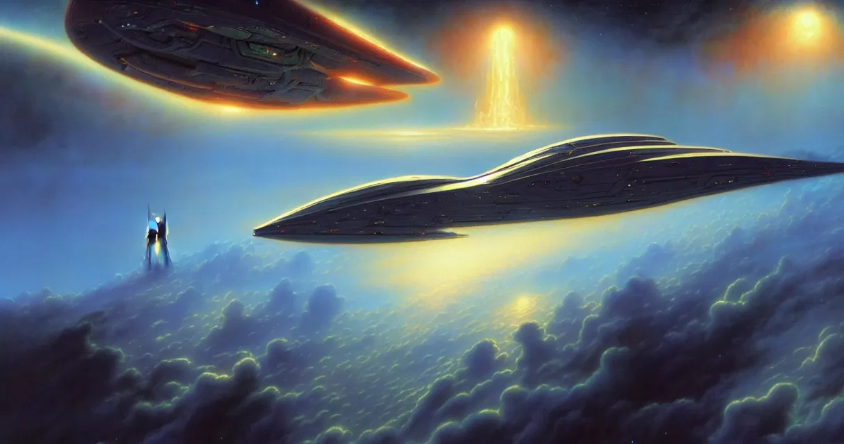 Prompt: a eldar aeldari spaceship emerging from the clouds, elegant, impressive scale, tim hildebrandt, wayne barlowe, bruce pennington, donato giancola, trending on artstation, cinematic composition, beautiful lighting, hyper detailed, 8 k, oil on canvas