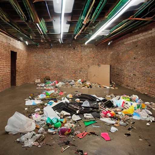 Image similar to in defiance of consciousness, trash art installation, studio lighting