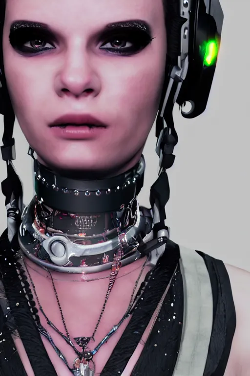 Prompt: detailed realistic female rock star cyberpunk wearing technological collar around neck, realistic, art, beautiful, 4K, collar, choker, collar around neck, punk, artstation, detailed, female, woman, choker, cyberpunk, neon, punk, collar, choker, collar around neck, thick collar, tight around neck, punk,