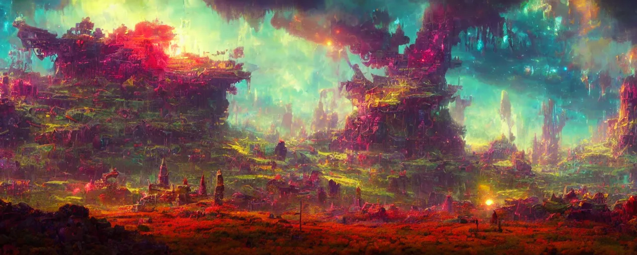 Prompt: ” otherwordly whimsical landscape, [ cinematic, detailed, epic, widescreen, opening, establishing, mattepainting, photorealistic, realistic textures, octane render, art by paul lehr ] ”