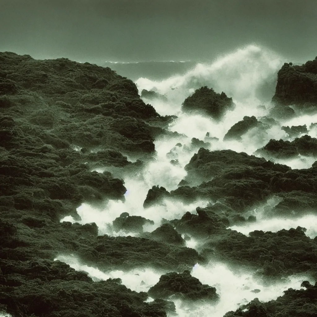 Image similar to dark and moody 1 9 7 0's artistic technicolor spaghetti western film, a large huge crowd of women in a giant billowing wide long flowing waving colorful dresses, standing inside a green mossy irish rocky scenic landscape, crashing waves and sea foam, volumetric lighting, backlit, moody, atmospheric, fog, extremely windy, soft focus