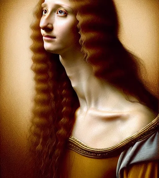 Image similar to portrait of a long - haired woman winning the lotterysitting upon a table with heightened detail, poised, intense emotion, detailed facial expression, detailed surroundings, intricate, elegant, highly detailed, centered, digital painting, artstation, concept art, smooth, sharp focus, illustration, by ( leonardo da vinci ), wlop