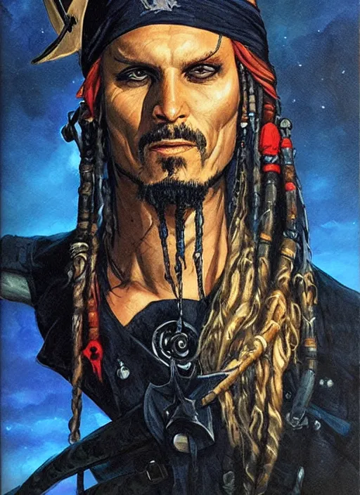 Image similar to portrait of pirate, night sky background, coherent! by brom, deep color, strong line, high contrast