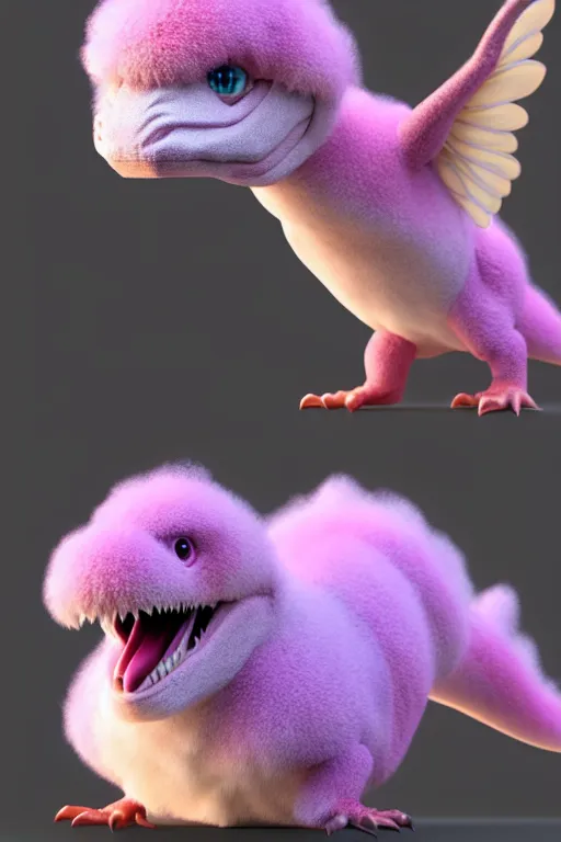 Image similar to high quality 3 d render hyperrealist very cute multipastel fluffy dinosaur with fluffy wings, vray, smooth in _ the background, artstation