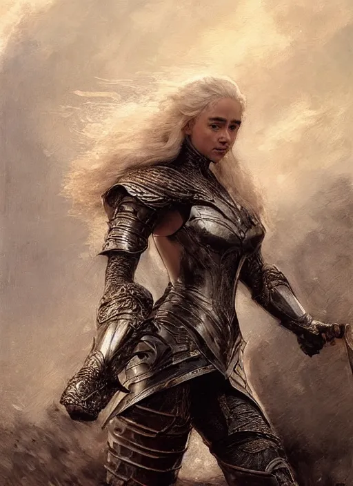 Prompt: short muscular blonde woman wearing realistic medieval armour, emilia clarke, detailed by gaston bussiere, bayard wu, greg rutkowski, giger, maxim verehin, greg rutkowski, masterpiece, sharp focus, cinematic lightning