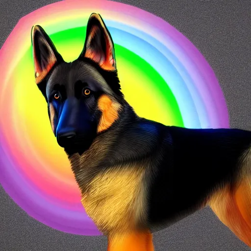 Image similar to german shepherd fursona with a rainbow tail, photo realistic, beautiful, high detail, trending on artstation.