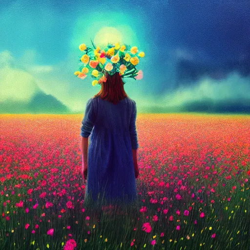 Image similar to girl with a mega flower as a face, surreal photography, dream, standing in flower field, hills, big trees, sunrise dramatic light, impressionist painting, colorful clouds, digital painting, pointillism, artstation, simon stalenhag, flower face