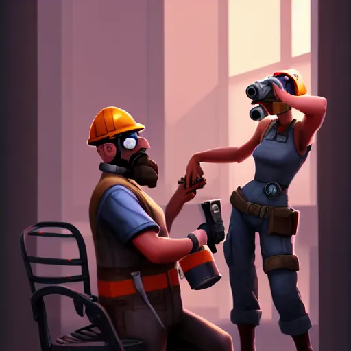 Image similar to beautiful digital painting of engineer from team fortress 2 by valve as a woman fixing a sentry, 4 k, 8 k, hd, high resolution, highly detailed, intricate detail, ultra realistic faces, digital art, trending on artstation, team fortress 2