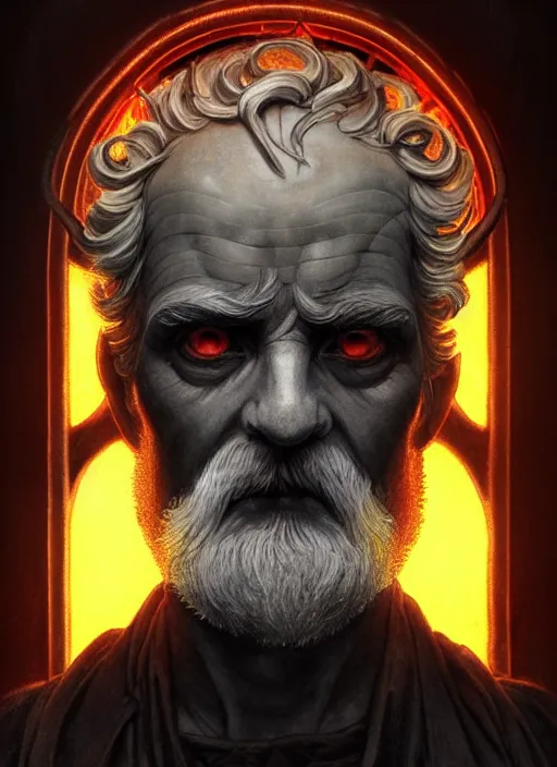 Image similar to the god hephaestus, old man, ash hair, glowing eyes, volumetric lights, yellow and red scheme, art nouveau botanicals, gothic, intricate, highly detailed, digital painting, artstation, concept art, smooth, sharp focus, symmetric face, illustration, steampunk, art by artgerm and greg rutkowski and alphonse mucha