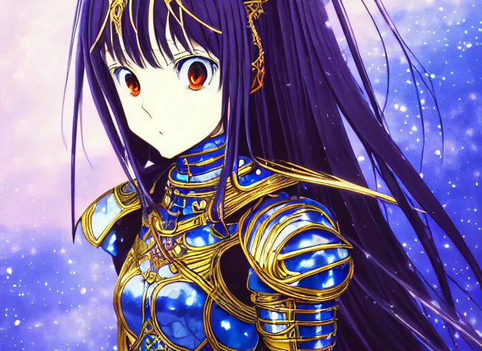 Prompt: anime portrait of a female knight in ornate armor, enchanted, magic, digital, concept art, Kyoto animation,last exile, blue submarine no. 6, katsura masakazu,tsutomu nihei, gustav klimt,loish, murata range, kawaii, studio lighting, manga, bright colors, anime,beautiful, 35mm lens,noir, vibrant high contrast, gradation, jean giraud, moebius, fantasy, rule of thirds, unreal engine, fibonacci, intricate, cel shaded, blender npr, flat, matte print, smooth, Ilya Kuvshinov, Tsuruta Kenji