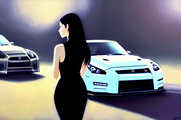 Image similar to A ultradetailed beautiful panting of a stylish girl standing in front of a Nissan GTR, Oil painting, by Ilya Kuvshinov, Greg Rutkowski and Makoto Shinkai