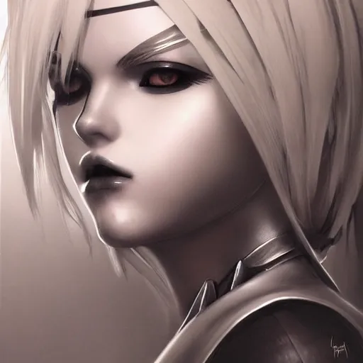 Image similar to pencil drawing of 2 b nier automata wearing a latex suit, beautiful piercing eyes, hyper realistic face, in the style of greg rutkowski, fantasy, amazing detail, epic, elegant, smooth, sharp focus