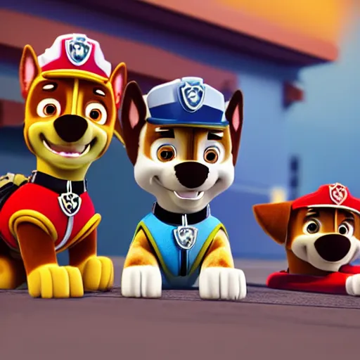 Image similar to paw patrol as real life characters, furry, photorealistic, cinematic, 3 5 mm