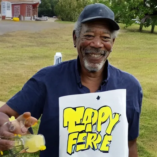 Image similar to happy morgan freeman selling free lemonade