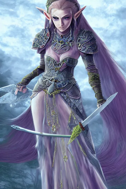 Image similar to Zelda dressed like Malenia from Elden Ring weilding a broad sword, highly detailed digital art, pastel colors, 4k