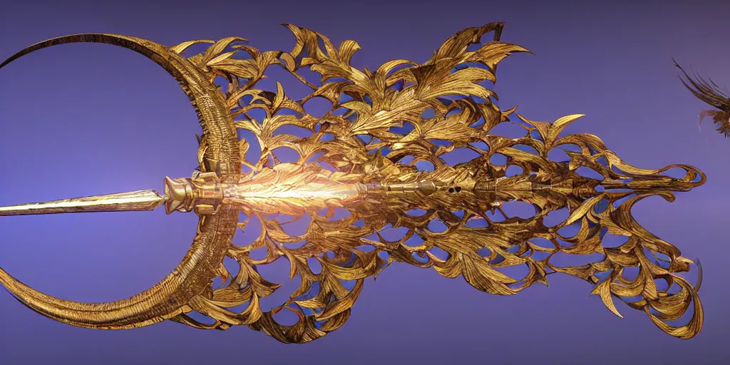 Prompt: beautiful physical hyper detailed render of a huge mega moon bow weapon, symmetric, the style of louis comfort tiffany, pascal blanche, zigor samaniego, paul pepera, ellen jewett, weapon design, perfect shadow, mechanics, feather, wing, exquisite, gradient, structure, c 4 d, 3 d render, unreal engines, atmospheric lighting, 4 k hd