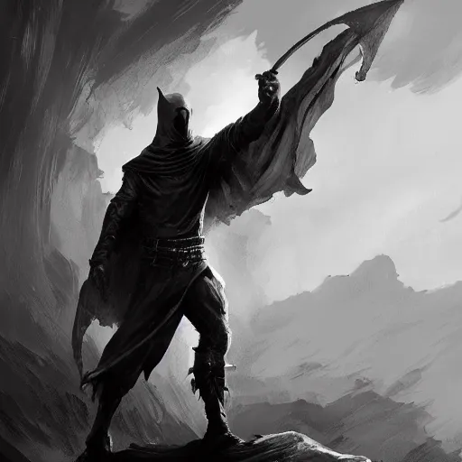 Prompt: hooded knight by frank frazetta, flowing cape, dynamic pose, chiaroscuro, fantasy, very detailed, dungeons & dragons, sharp focus, striking, artstation contest winner, detailed