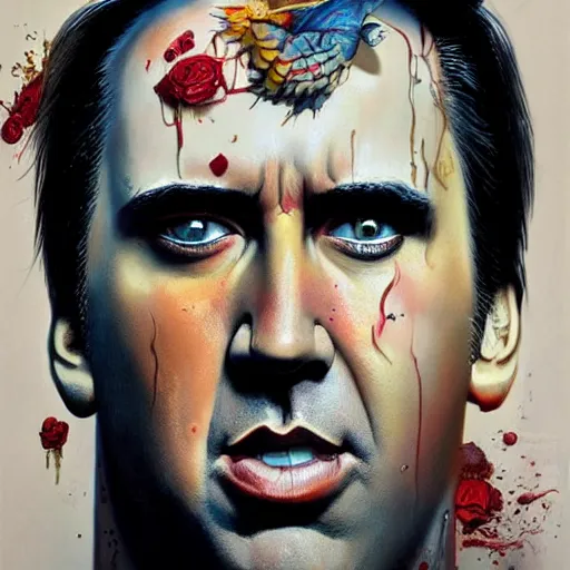 Image similar to beautiful portrait of Nic Cage by Tristan Eaton and Stanley Artgerm and Tom Bagshaw, Greg Rutkowski Carne_Griffiths