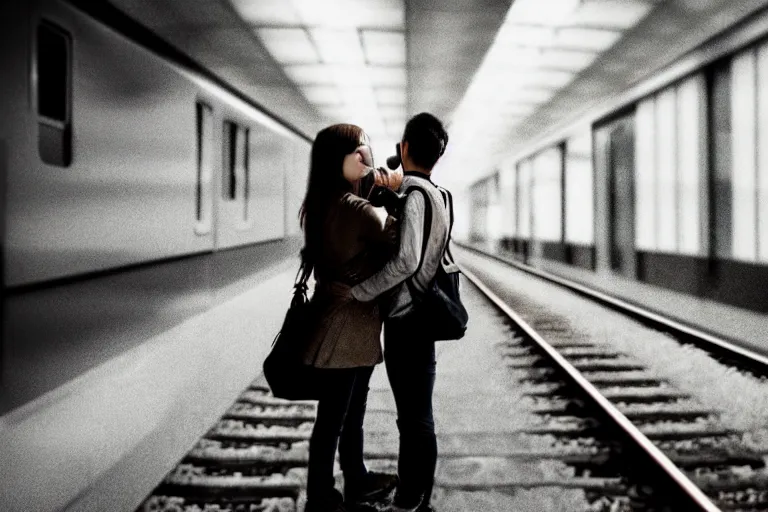 Image similar to vfx movie couple in a train station flat color profile low - key lighting award winning photography cinematography atmospheric cool color - grade