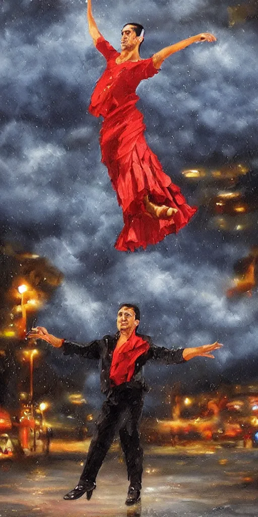 Prompt: antonio gades dancing flamenco on the rain stormcloud realistic
