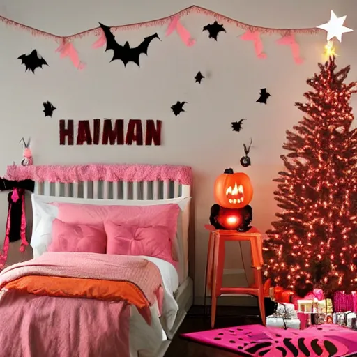 Image similar to homemade pink halloween themed christmas bedroom ideas, high resolution, creative, visually appealling